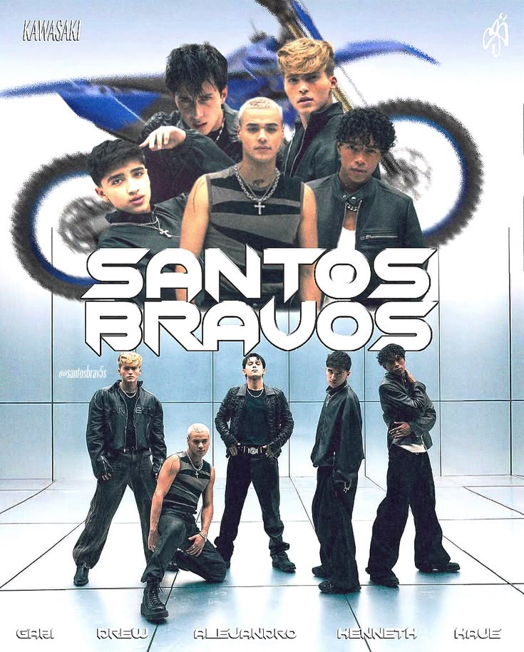 Santos Bravos promotional poster with group of young men in black outfits and a dirt bike