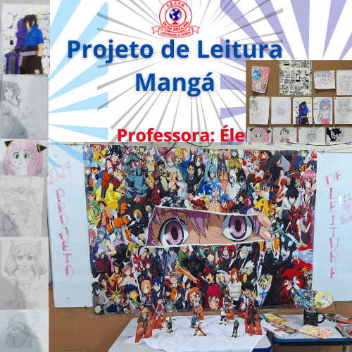 Classroom display with manga poster showing many anime characters, manga books, and project materials on desk