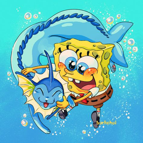 SpongeBob SquarePants smiling and hugging blue Huggy Wuggy character with bubbles on turquoise background