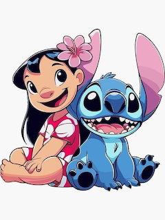 Cartoon drawing of Lilo and Stitch sitting together smiling on a white background
