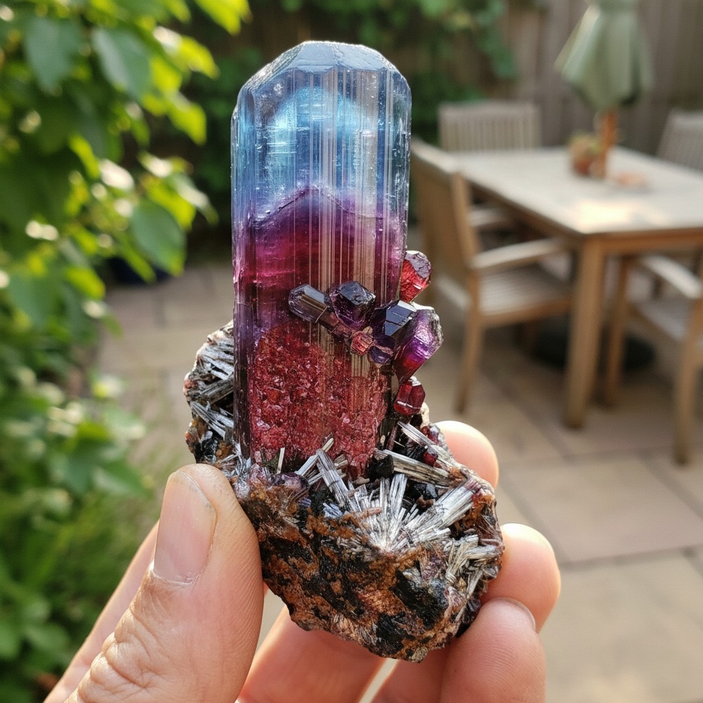 Hand holding a translucent bi-color tourmaline crystal with blue-green top transitioning to pink-red bottom on dark matrix