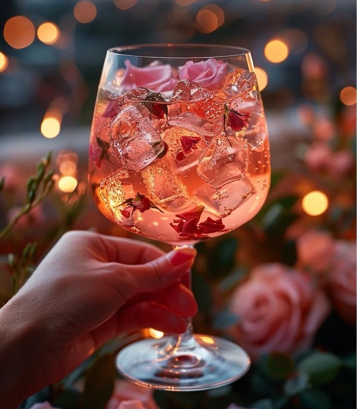 Hand holding a wine glass with pink cocktail, ice cubes, and rose petals, with roses and bokeh lights in background