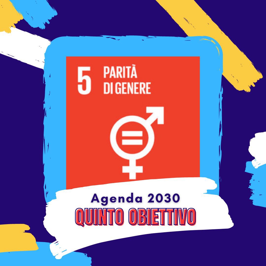 Illustrated Agenda 2030 gender equality goal card with number 5 and equality symbol on a colorful background