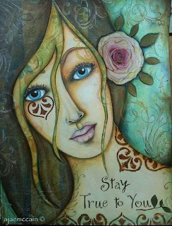 Stylized portrait of woman with blonde hair, blue eyes, pink roses, and 'Stay True to You' text on teal background