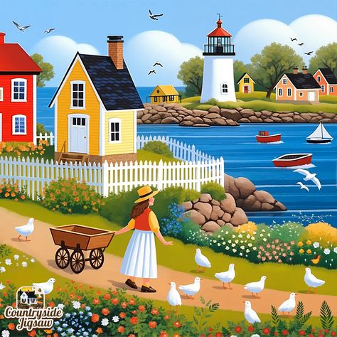 Folk art painting of coastal village with lighthouse, colorful houses, boats, and woman feeding ducks by water
