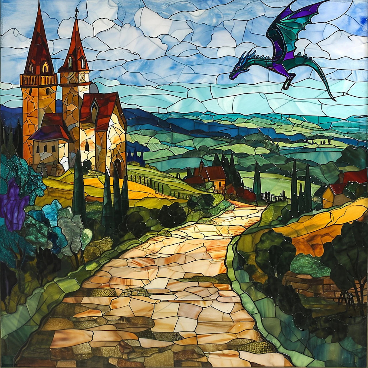 Stained glass art of castle with towers, dragon flying overhead, and pastoral landscape with stone path