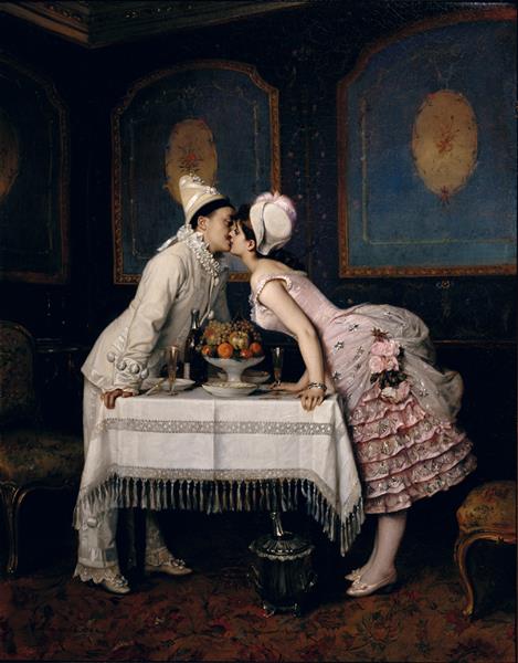 Painting of a Victorian couple kissing across a table in a dark interior