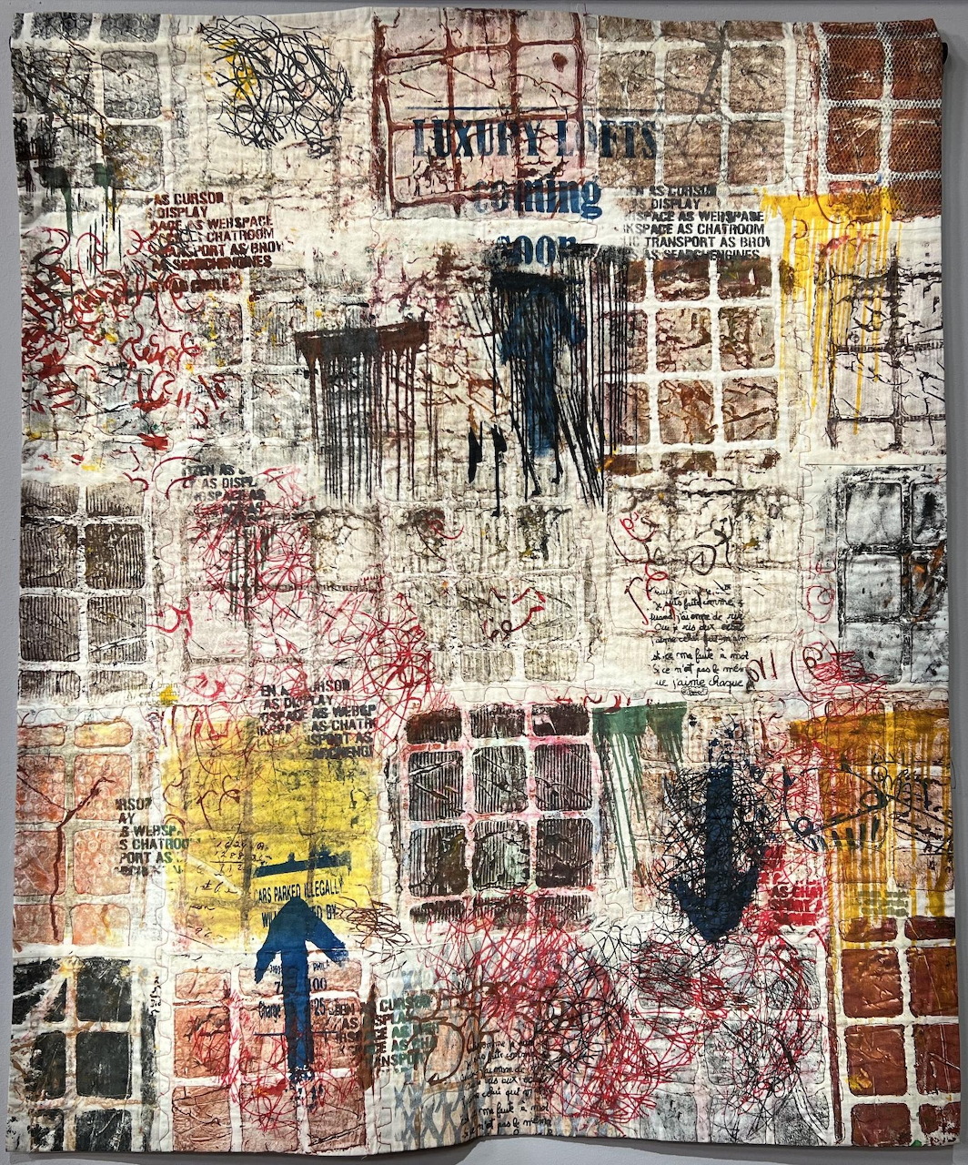 Abstract mixed media collage with overlapping window grids, silhouettes, and layered textures in neutral and warm tones