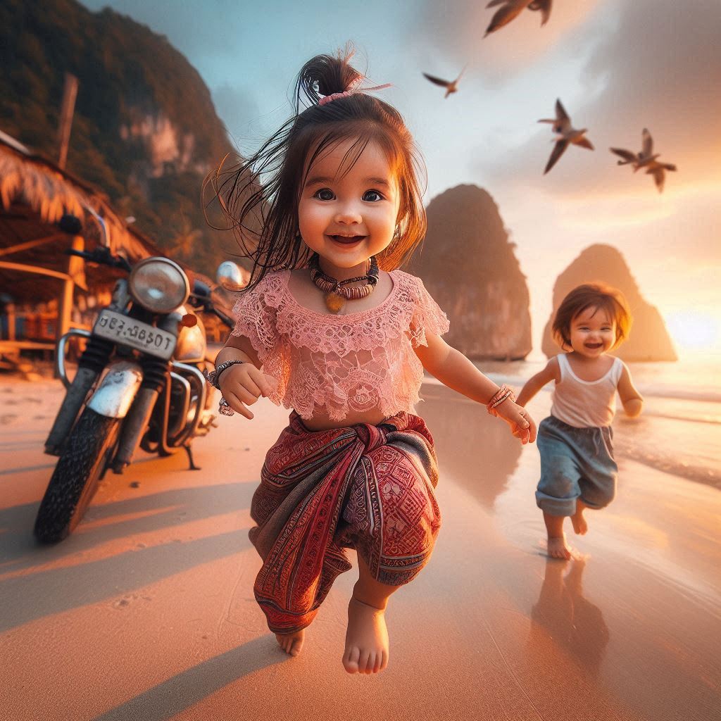 Two toddlers running barefoot on a beach at sunset with a motorcycle, huts, cliffs, and birds