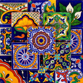Collage of ornate Mexican Talavera ceramic tiles with geometric and floral patterns in vivid colors
