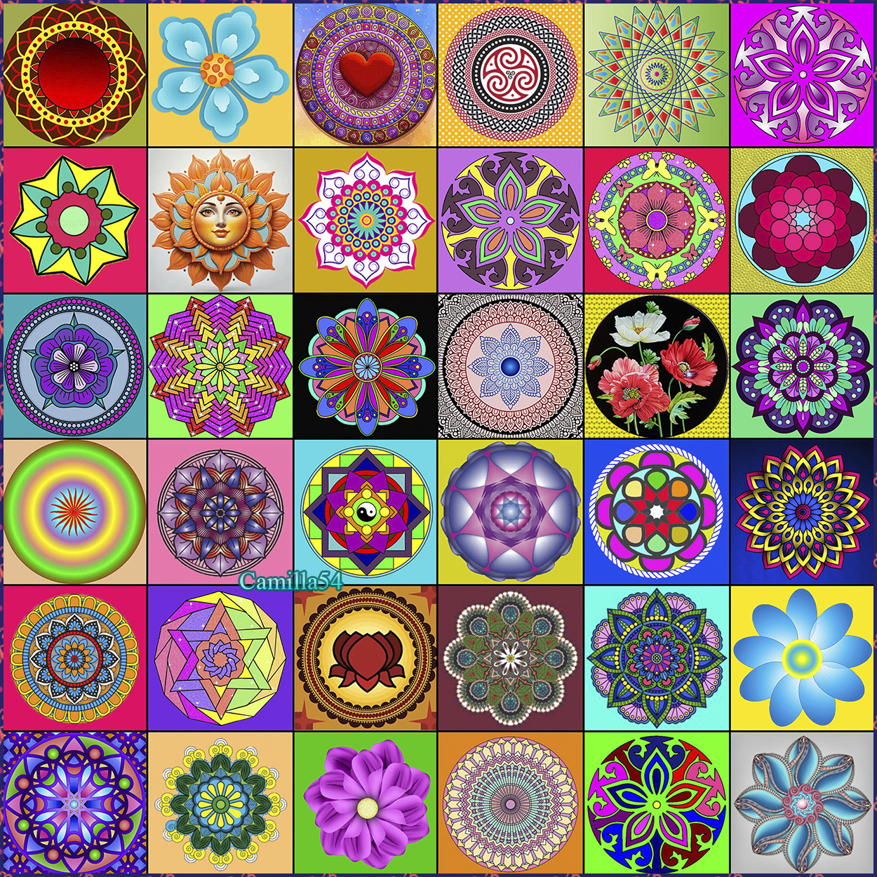 Grid of 36 colorful mandala designs with geometric and floral patterns on varied backgrounds