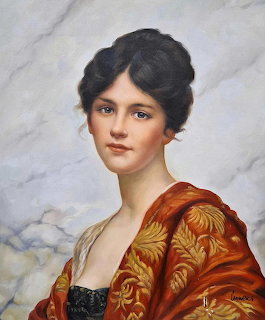 Painted portrait of a young brunette woman wearing a dark dress and red patterned shawl