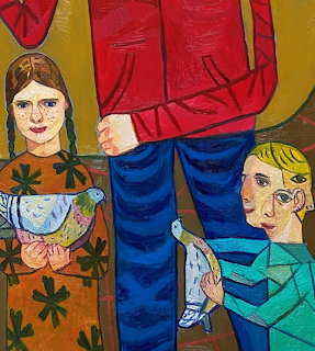 Colorful painting of a girl and boy each holding a bird with an adult figure standing between them
