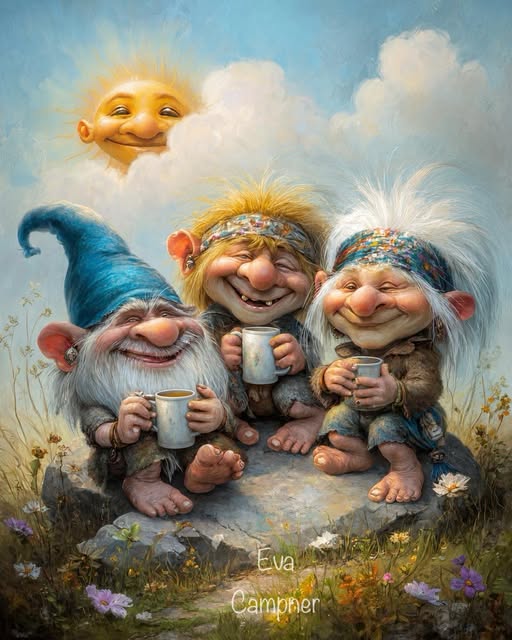 Three jolly gnomes holding mugs sitting on a rock in a meadow with a smiling sun above