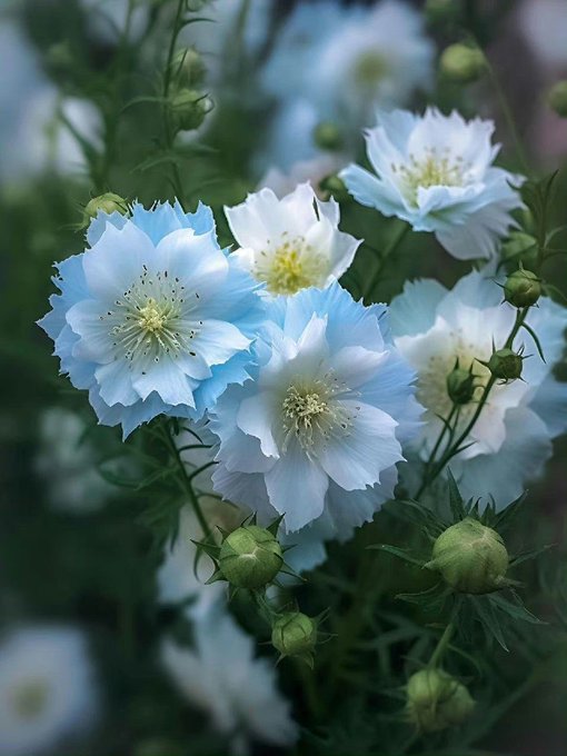 Cluster of pale blue and white delphinium flowers with ruffled petals and green foliage
