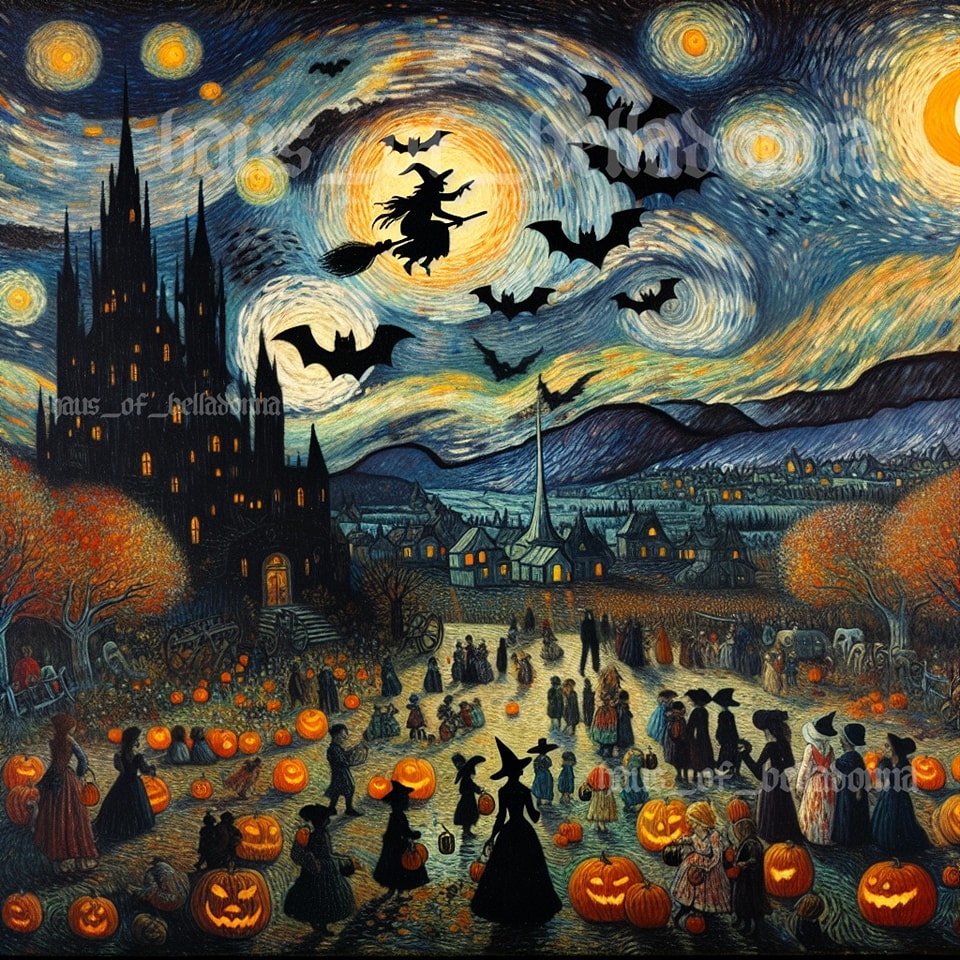 Starry Night style painting showing witches flying above Halloween village with pumpkins and castle
