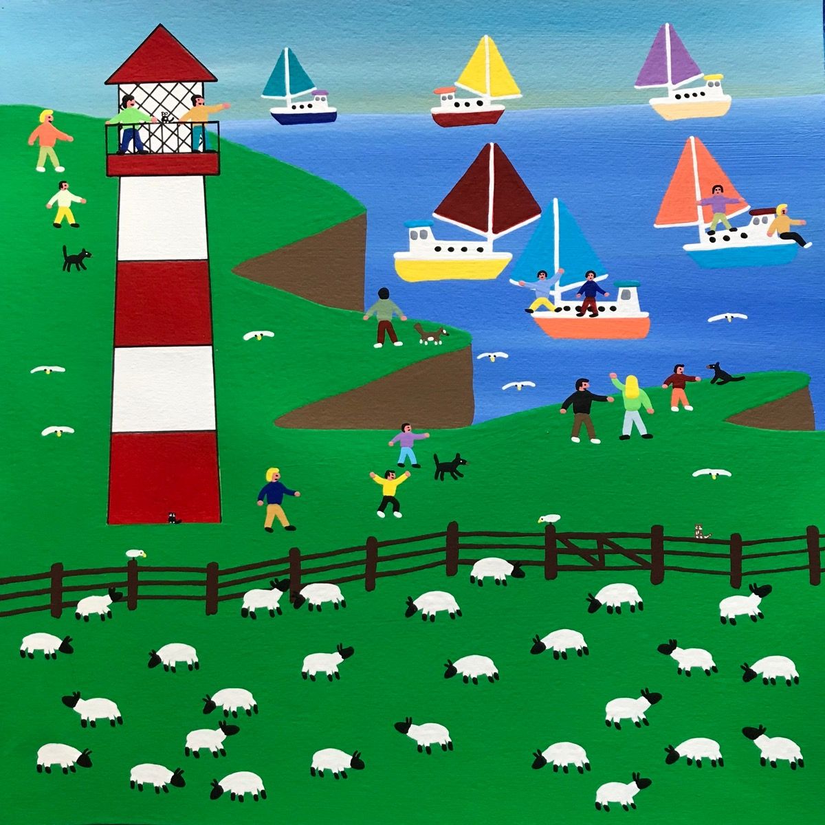 Folk art painting of lighthouse, sailboats, cliff walkers, and sheep in colorful naive style