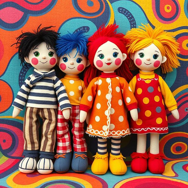 Four colorful handmade rag dolls with yarn hair in red, blue, and blonde, wearing polka dot and striped outfits