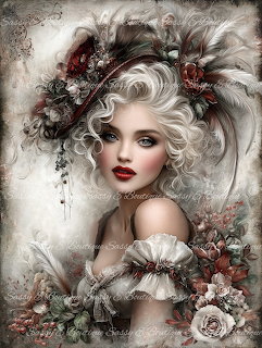 Victorian woman portrait with white curls, roses, feathers, and ornate floral headpiece in sepia tones