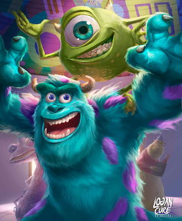 Mike Wazowski and Sulley from Monsters Inc in a dynamic pose with colorful lighting