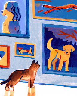 Brown dog in art gallery looking at colorful paintings on blue walls