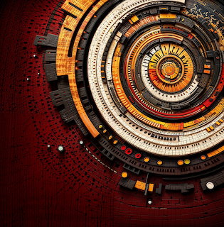 Abstract concentric mechanical rings and gear-like circles on a deep red background