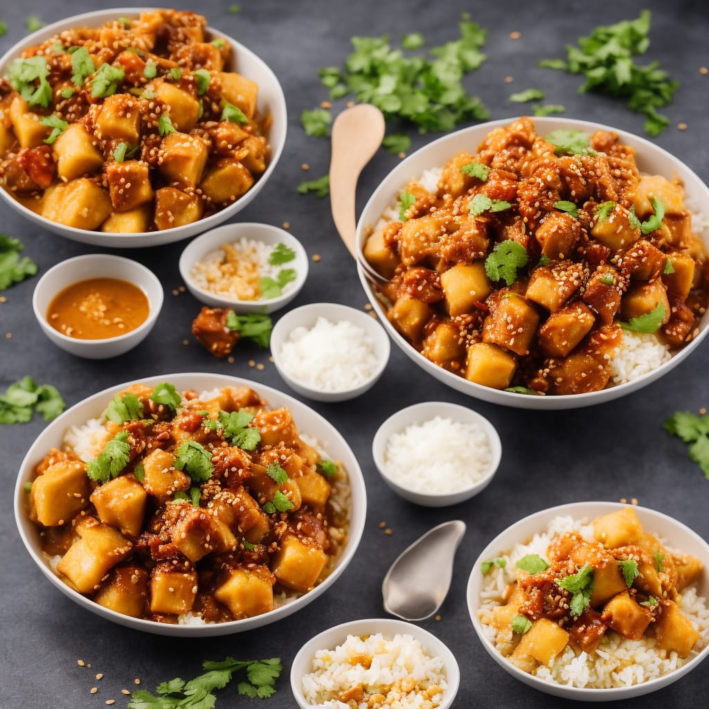 Multiple bowls of Malaysian rojak with tofu cubes, peanut crumble, rice, and fresh cilantro garnish