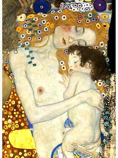 Mother tenderly holding child in ornate golden painting with decorative patterns in Klimt's distinctive Art Nouveau style