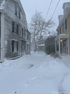 Snow-covered narrow street between white clapboard houses during a heavy snowfall