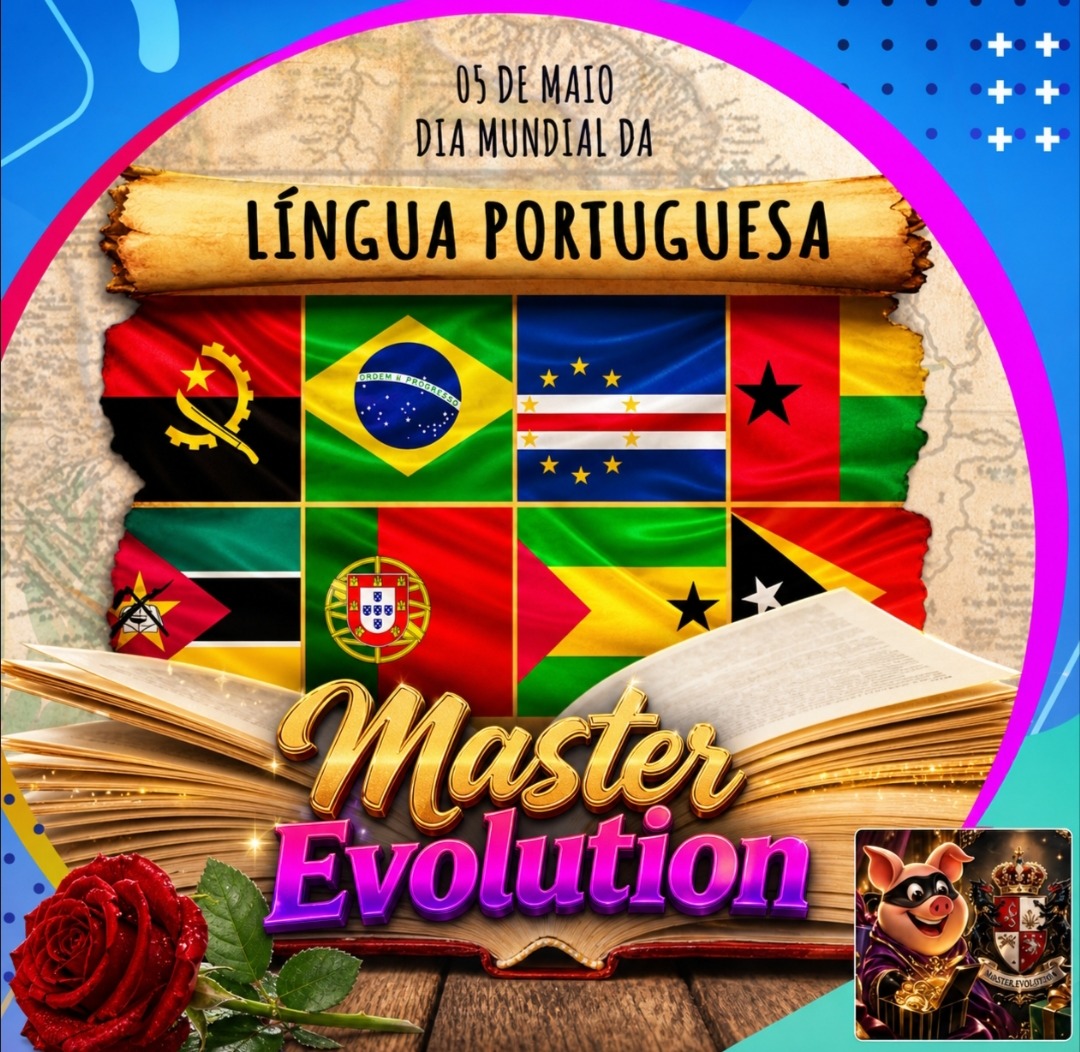 Illustrated Portuguese Language Day poster with flags, an open book, and roses