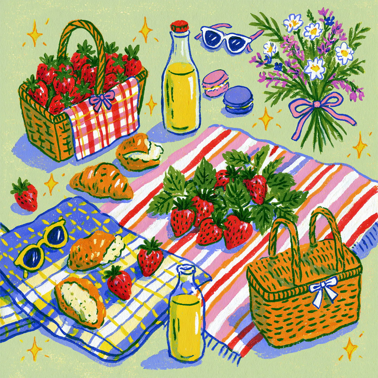 Illustrated picnic with strawberries, flowers, baskets, and food on checkered blankets