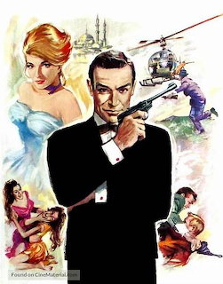 Vintage James Bond style movie poster with agent in tuxedo holding gun, elegant woman, and action vignettes