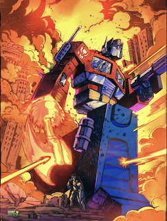 Illustration of Optimus Prime standing heroically amid flames and explosions in a destroyed city