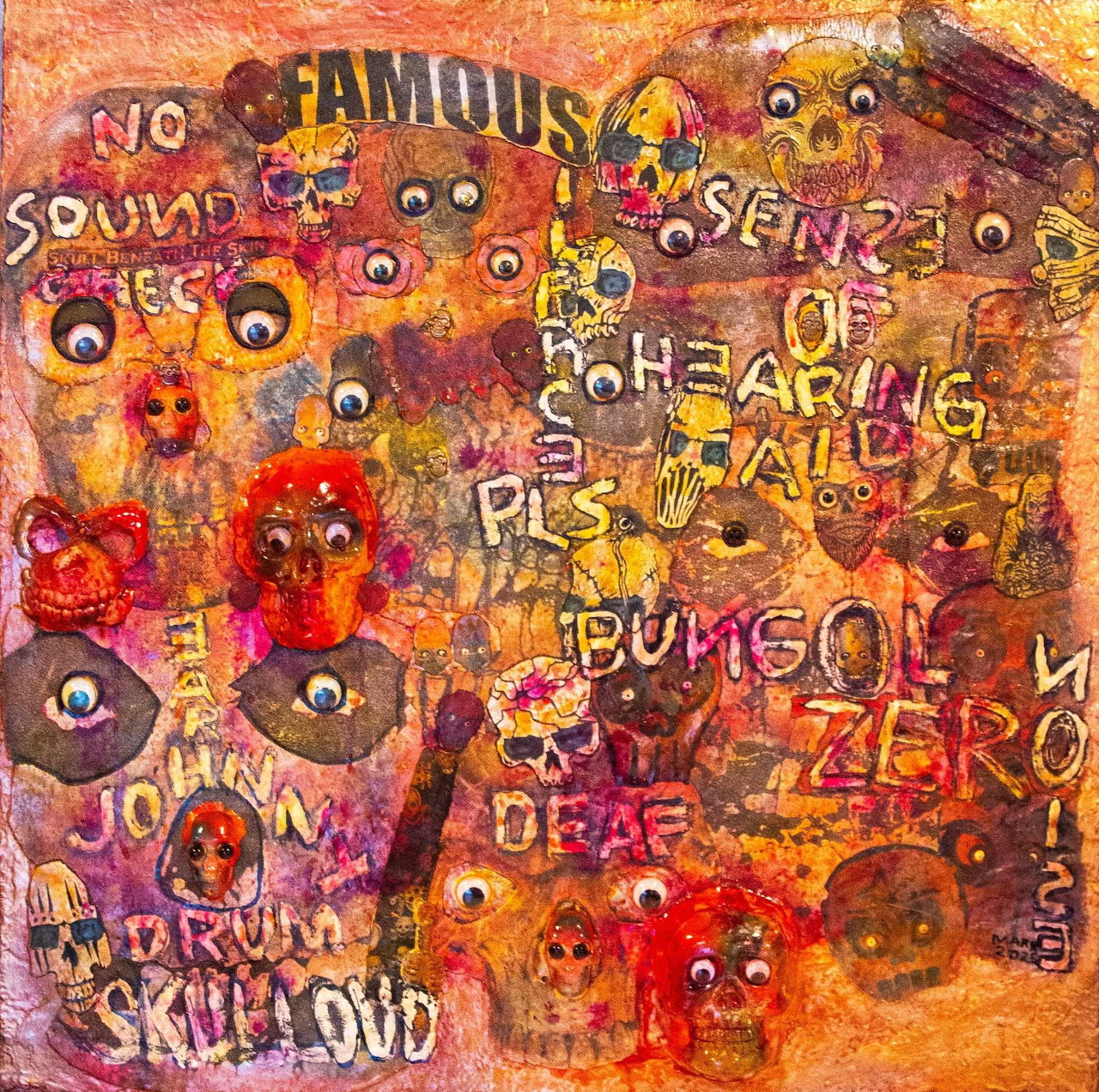 Abstract collage with multiple eyes, text fragments, and warm orange textures