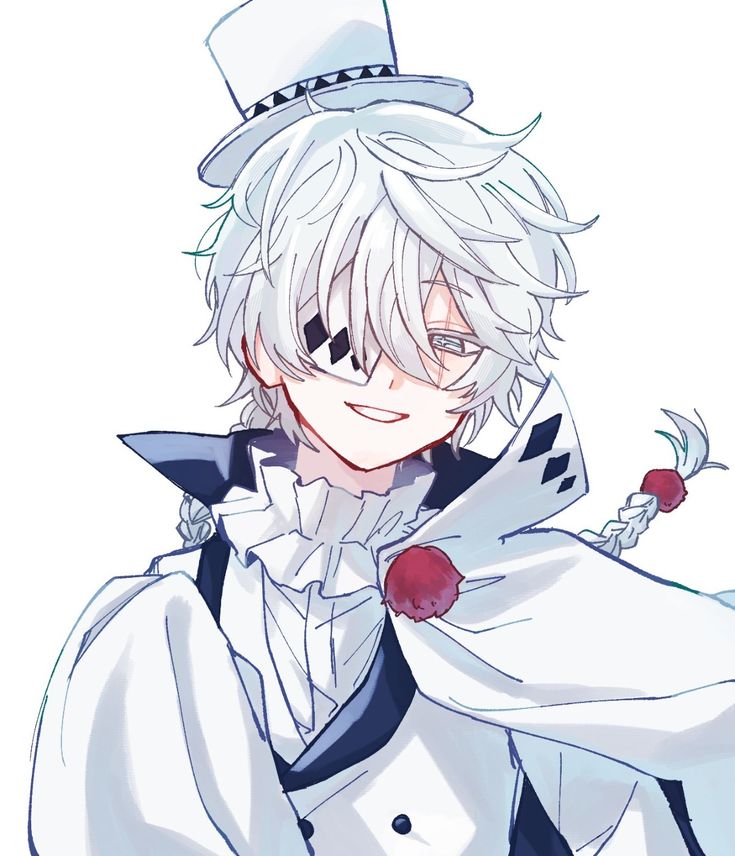 Anime character Nikolai Gogol in white top hat and clown outfit, smiling mischievously