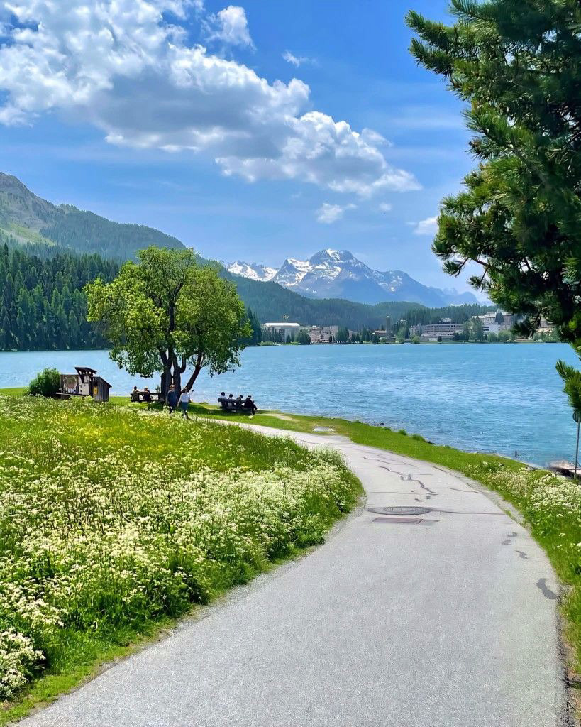 Curved path beside a turquoise alpine lake with snow-capped mountains and green trees under blue sky