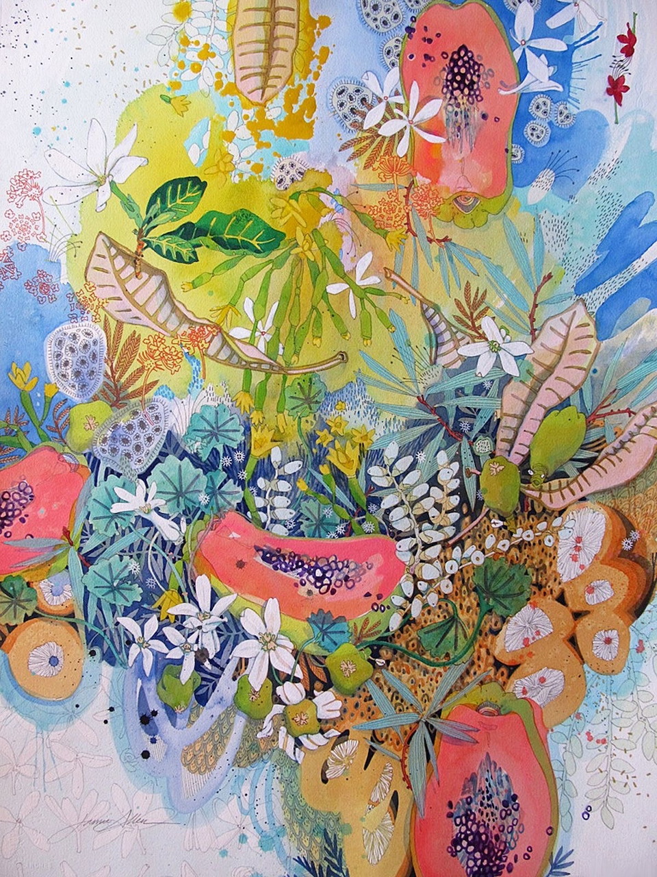 Colorful abstract floral painting with butterflies, leaves, and layered botanical patterns in watercolor style