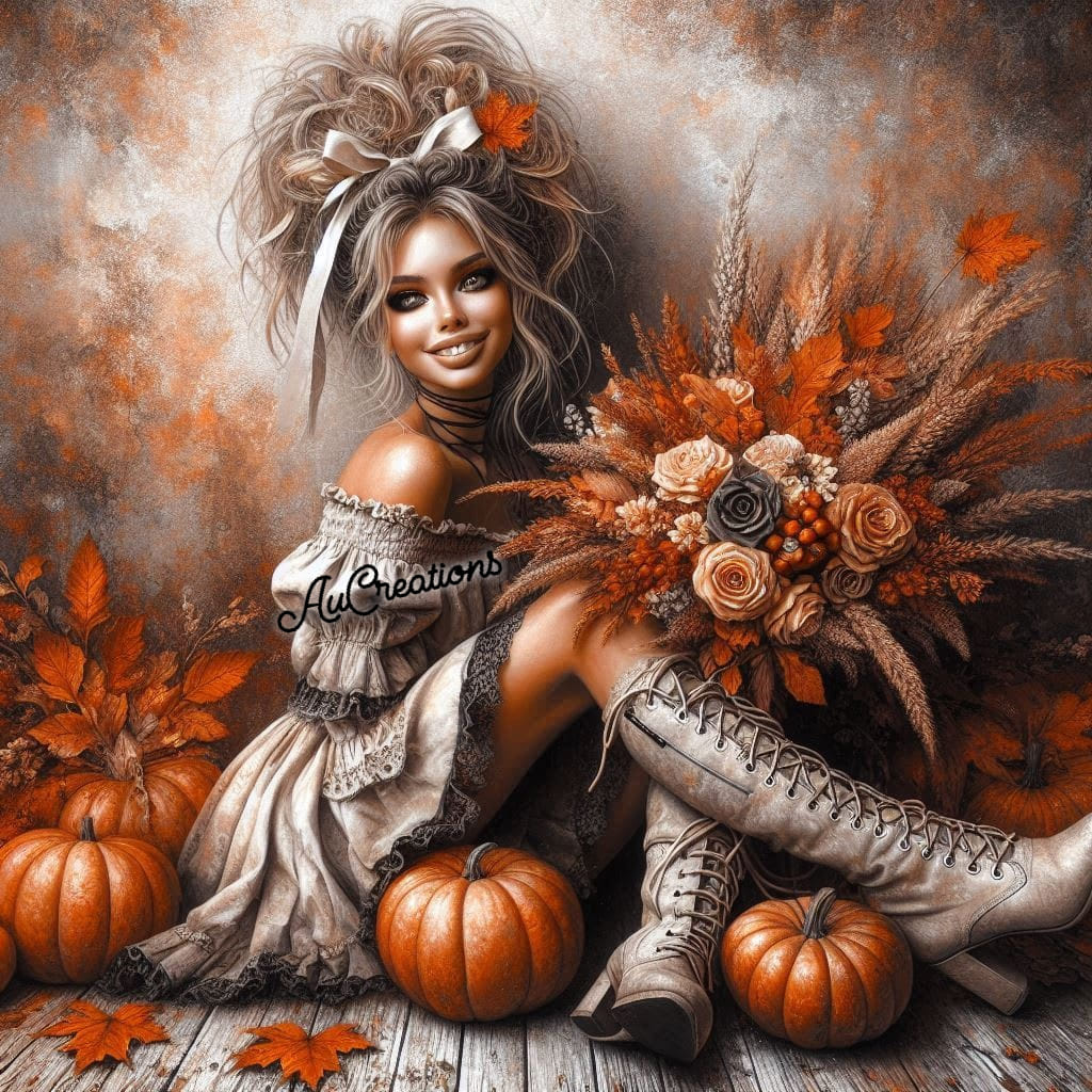 Woman in flowing dress sitting with pumpkins and autumn flowers in warm orange and brown tones