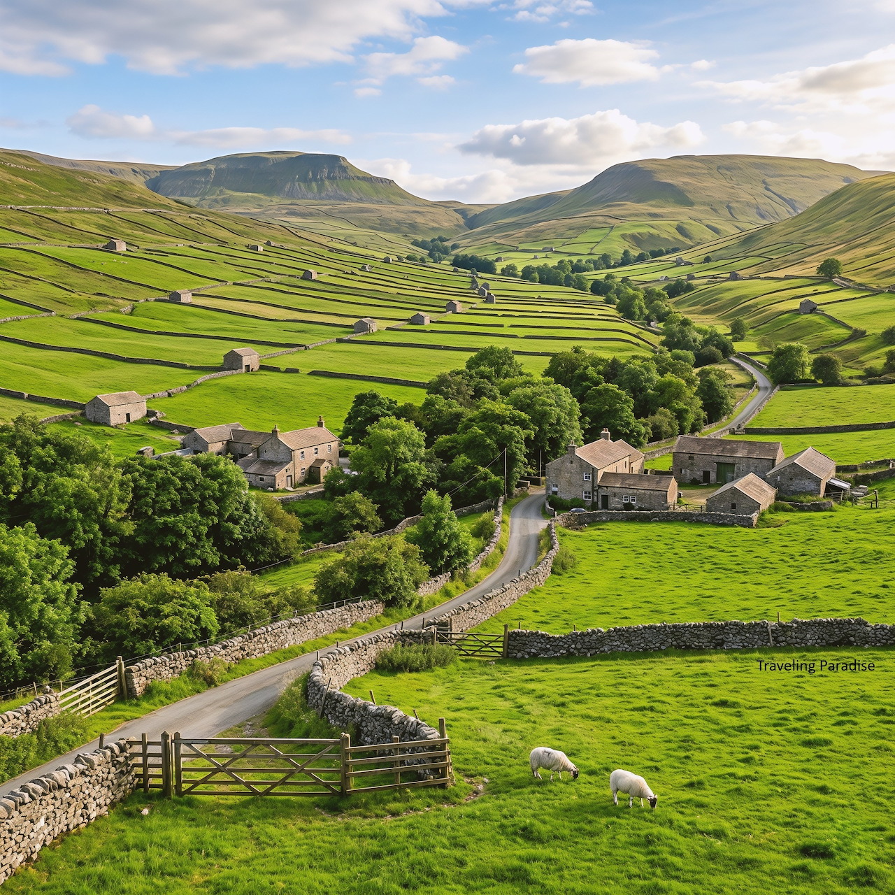 Country road through a green valley with stone cottages, trees, fields, and rolling hills