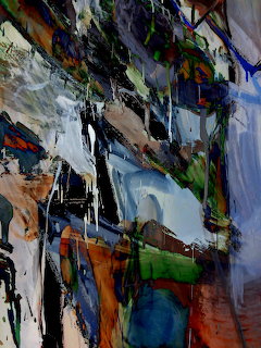 Abstract expressionist artwork with bold brushstrokes and dripping paint in blue, green, orange, and white