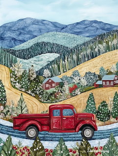 Folk art painting of red vintage truck on mountain road in winter with snow-covered pine trees and distant houses
