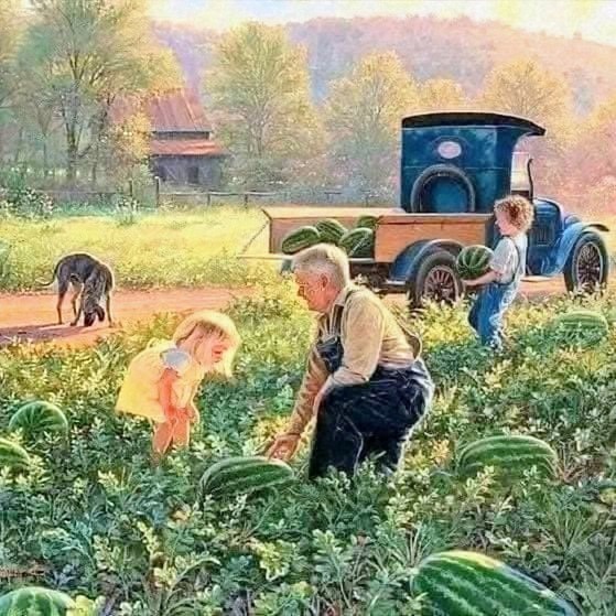 Grandfather and children harvesting watermelons in farm field with vintage blue truck, pastoral landscape painting
