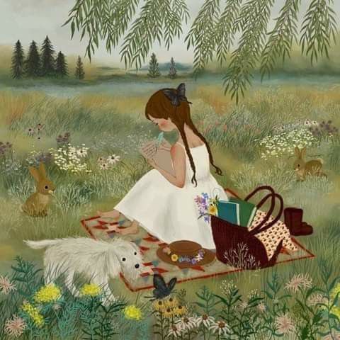 Woman Picnic with Dog
