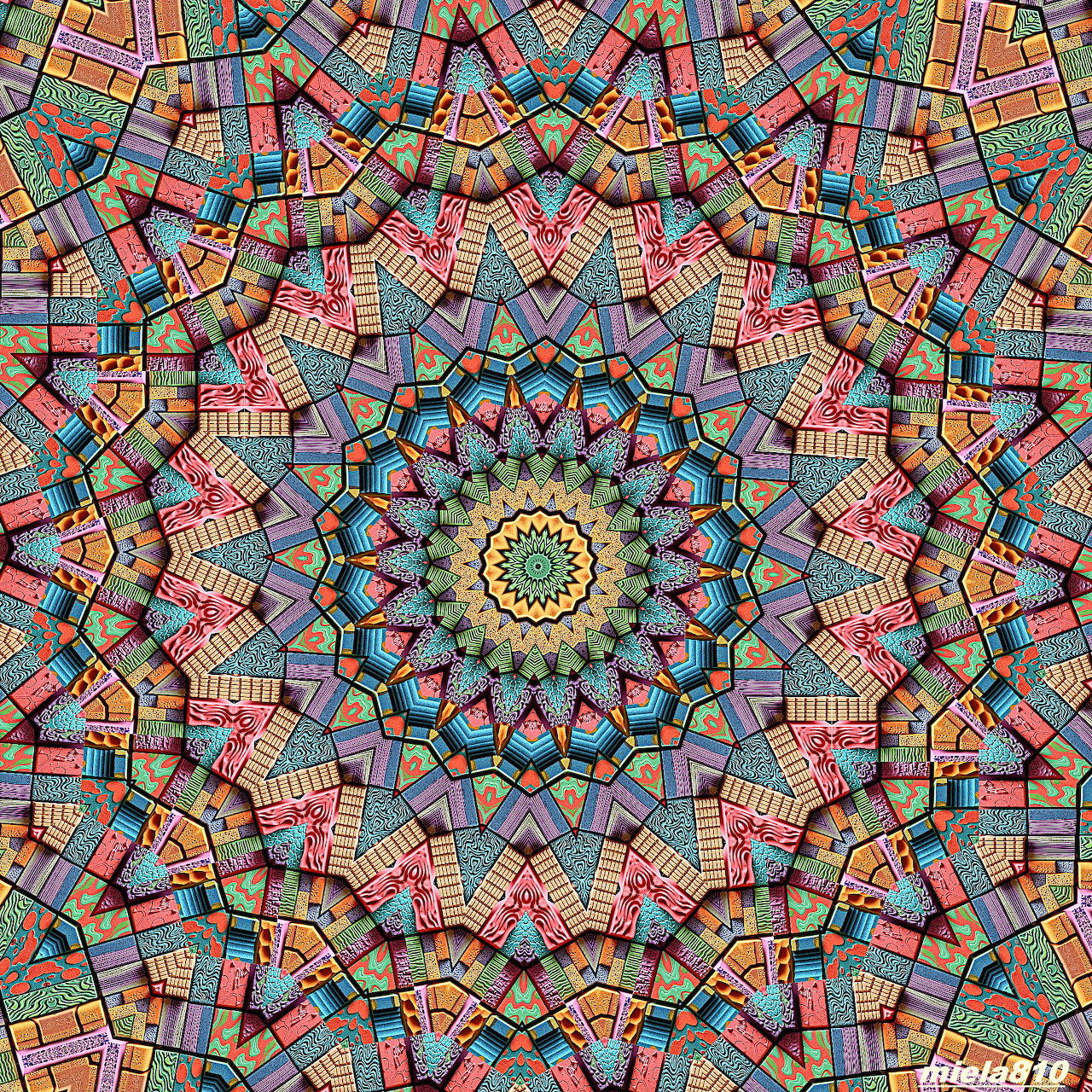 Colorful geometric mandala with intricate symmetrical pattern and mosaic tile designs radiating from golden center