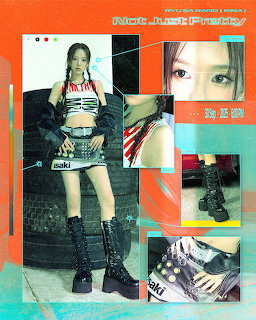 K-pop idol Ryu Sarang in black skirt and crop top with platform boots in magazine-style collage