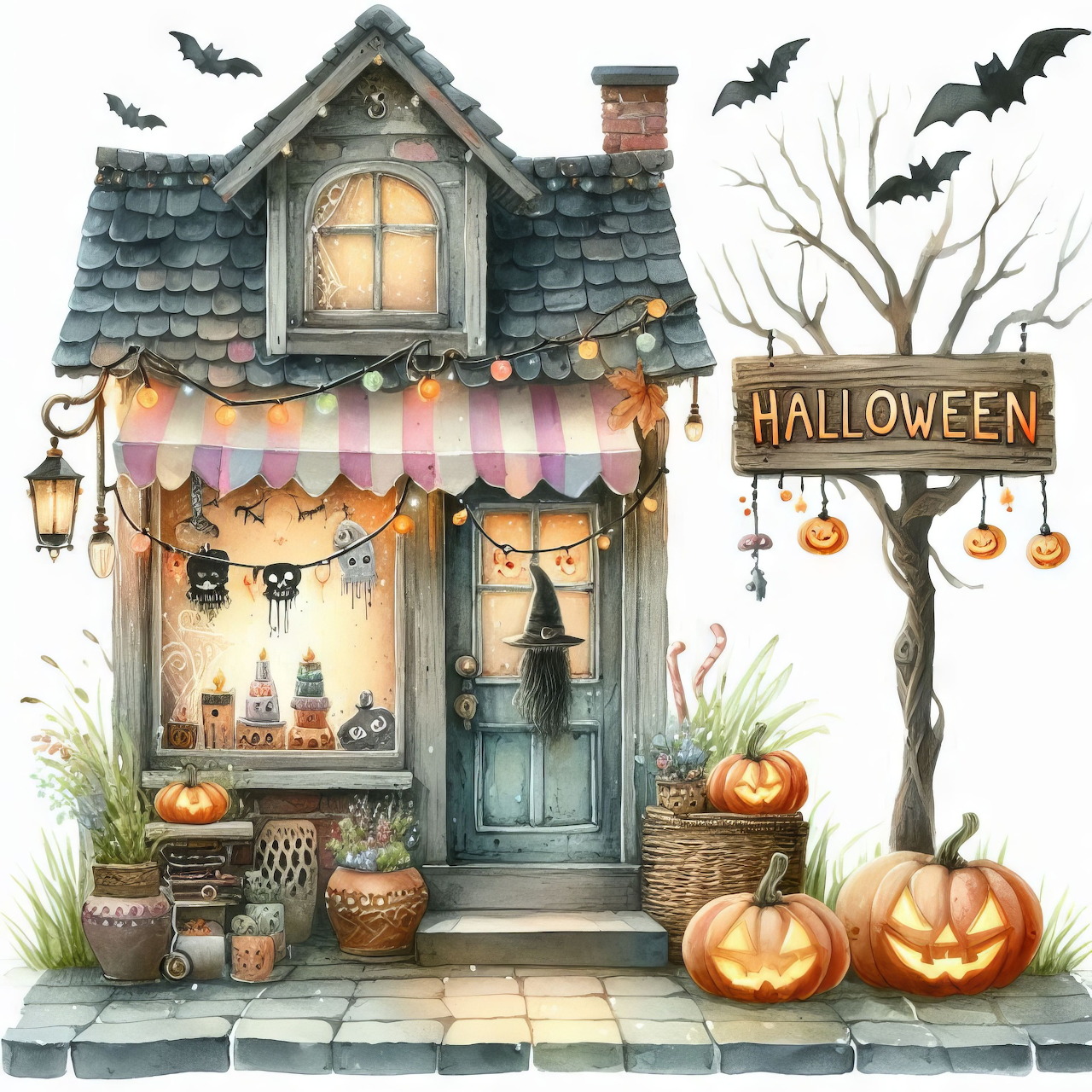 Watercolor cottage with Halloween decorations, pumpkins, bats, and striped awning