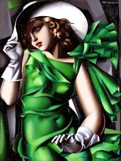 Art Deco painting of woman in green dress and white hat with gloves