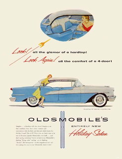 Vintage Oldsmobile Holiday Sedan advertisement with blue and white car illustration on cream background