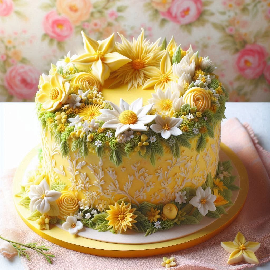 Round yellow cake decorated with white daisies and yellow sunflowers on top