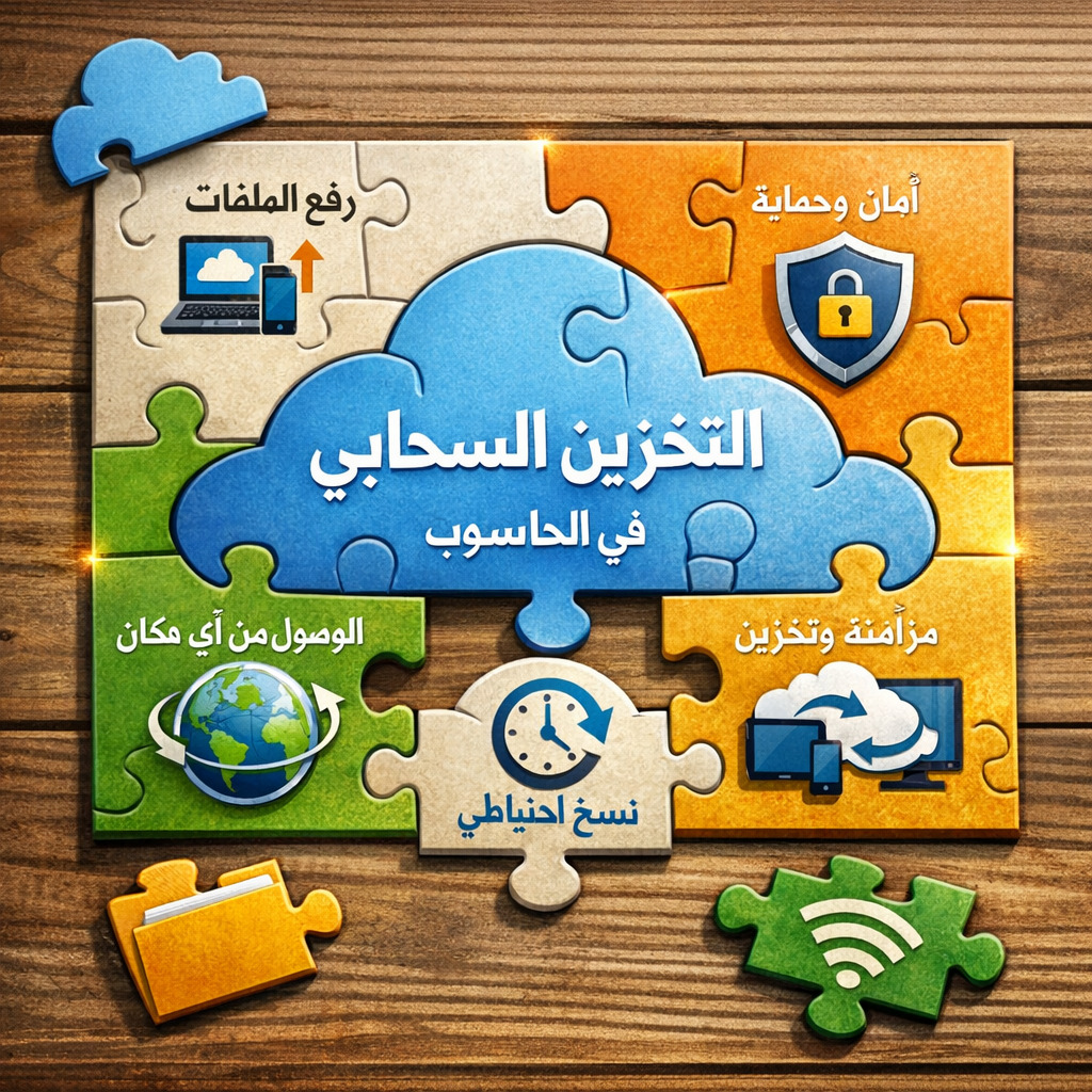 Arabic cloud storage infographic on colorful jigsaw puzzle pieces over a wooden surface